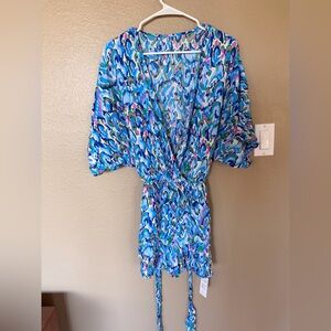 Cupshe Blue Abstract Print Kimono Sleeve Romper Tie Waist Size Medium NWT